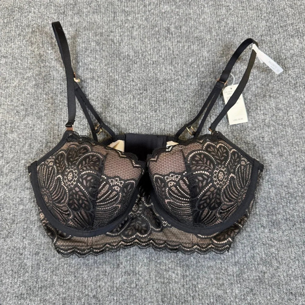 Aerie‎ Balconette Bra Black Lace Longline Underwire 32D 079-8791-03287 NEW